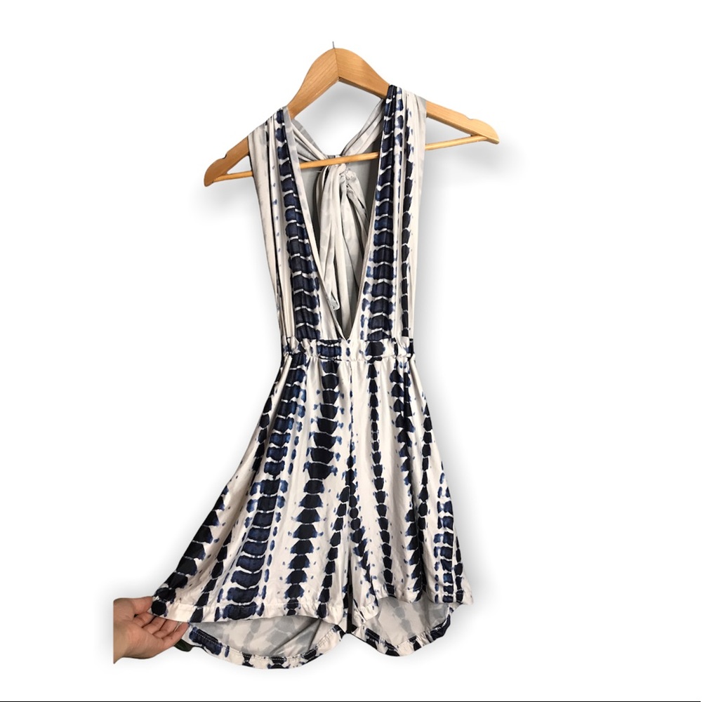 Tie Dye Plunge Romper Backless Playsuit W/ Long Tie Strap for Waist